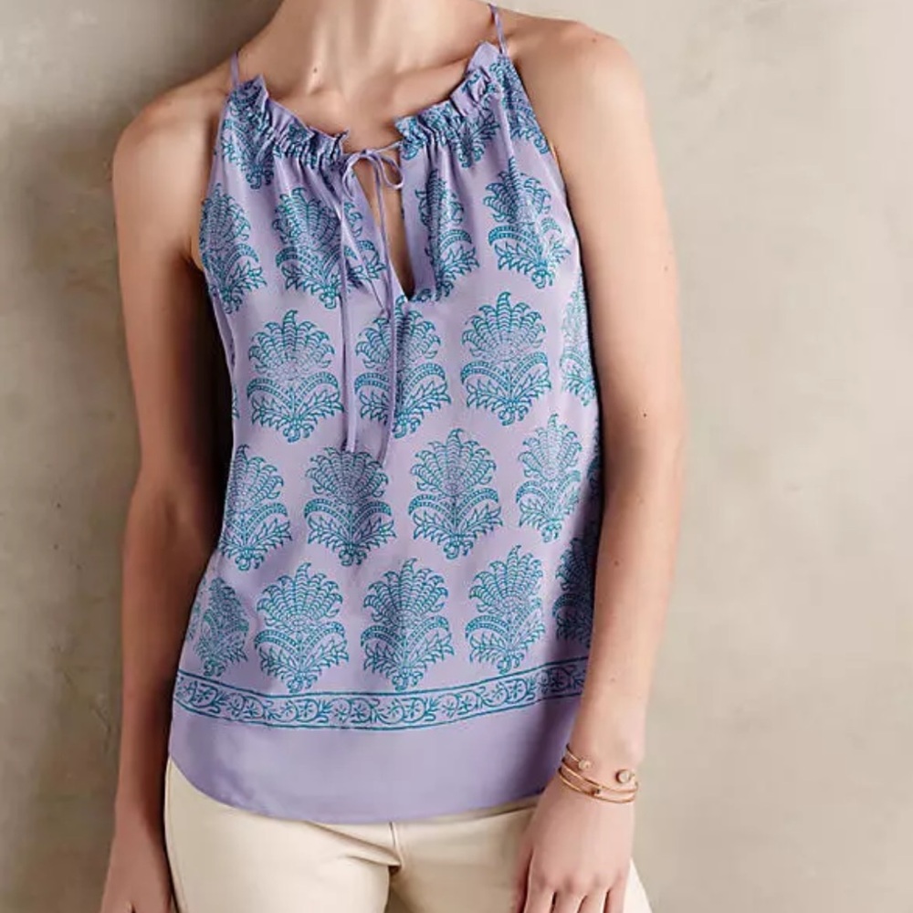 Anthropologie 100% Silk HD In Paris Sz 4 Panorama Purple Palm Print Blouse